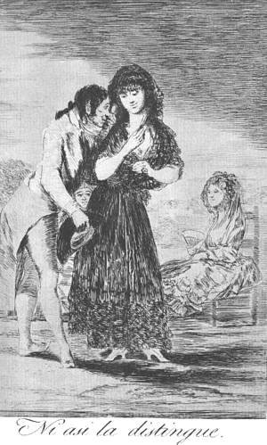 Goya - Caprichos - Plate 7: Even Thus he Cannot Make her Out