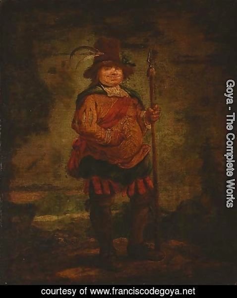 Portrait of a peasant man, standing full-length, wearing a pleated orange doublet and holding a spear