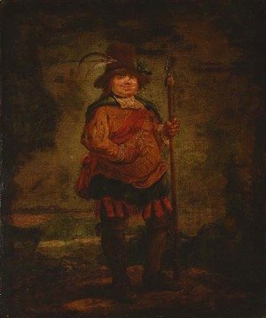 Goya - Portrait of a peasant man, standing full-length, wearing a pleated orange doublet and holding a spear