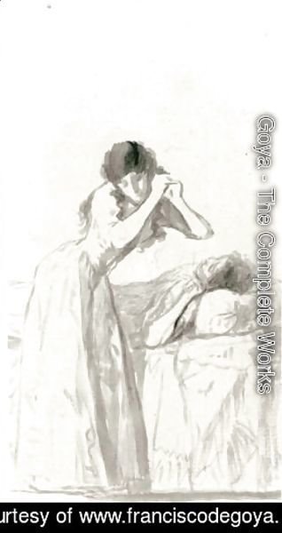A Young Woman Arranging Her Hair Beside A Bed On Which Another Woman Is Resting