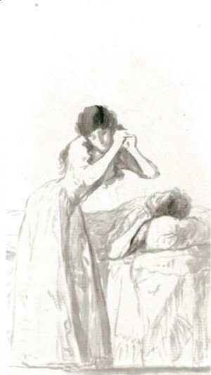 A Young Woman Arranging Her Hair Beside A Bed On Which Another Woman Is Resting