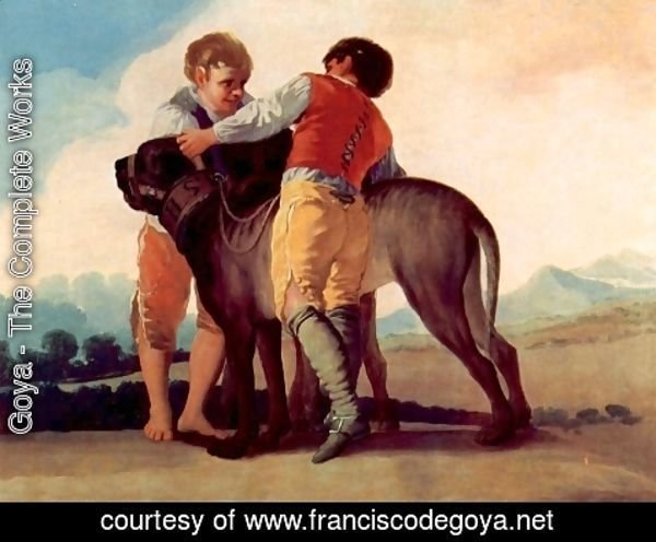 Goya - Designs for tapestries to decorate the Konigl. Palace of El Pardo and El Escorial, scene boys with bloodhounds