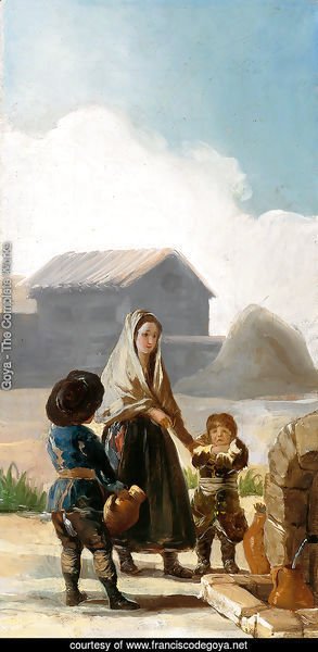 A woman and two children by a fountain